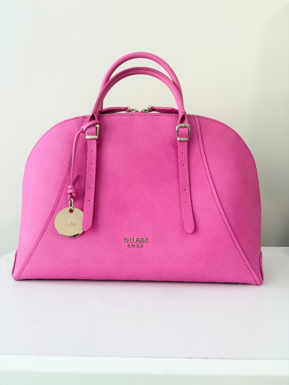 GUESS LUXE Hot Pink Genuine Leather Dome Satchel Large Bowling Bag NWOT